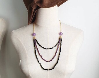 Handcrafted necklace with precious faceted gemstone of Ruby (4mm), Black Spinel (4mm) and Ametrine (14mm)