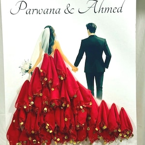 Puede incluir: Un letrero de boda con una ilustración de una novia y un novio. El vestido de la novia está hecho de tela roja con adornos dorados. El texto en el letrero dice: "What are you waiting for? Take a Mandeel and celebrate with us Parwana & Ahmed."