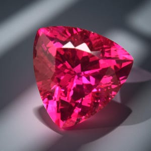 Pode incluir: Uma gema facetada, em forma triangular, num tom rosa vibrante. As múltiplas facetas da gema refletem a luz, criando um efeito cintilante. A gema é apresentada sobre um fundo neutro, realçando a sua cor e forma.