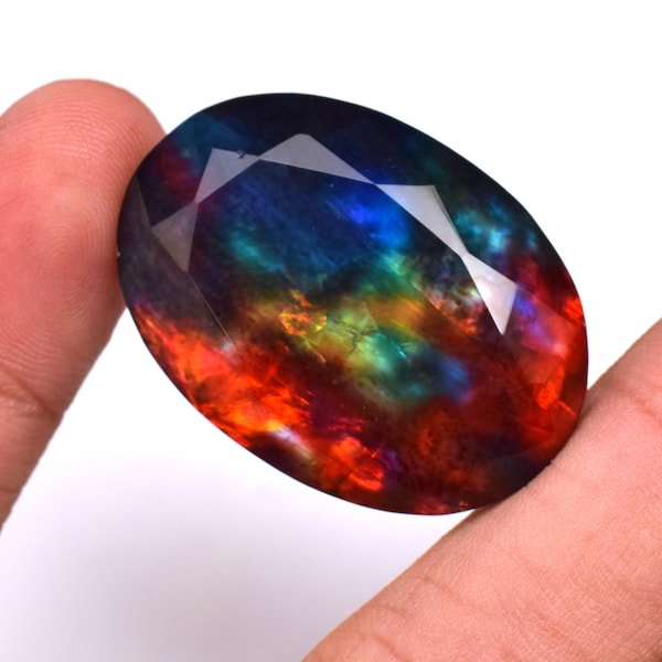 Huge Rare Blue Green Ammolite Gemstone Multi Fire Faceted Oval Shape 55.65 Ct Doublet Ammolite Gemstone Both Side Cut