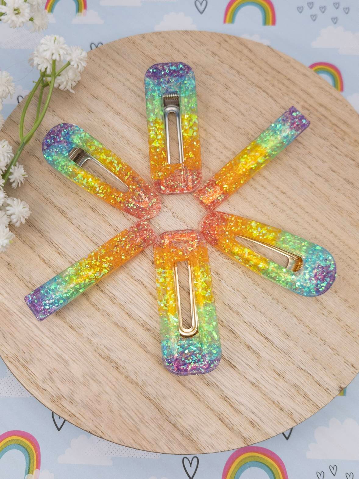 Rainbow Barrette, Glitter Rainbow Hair Clips, Resin 