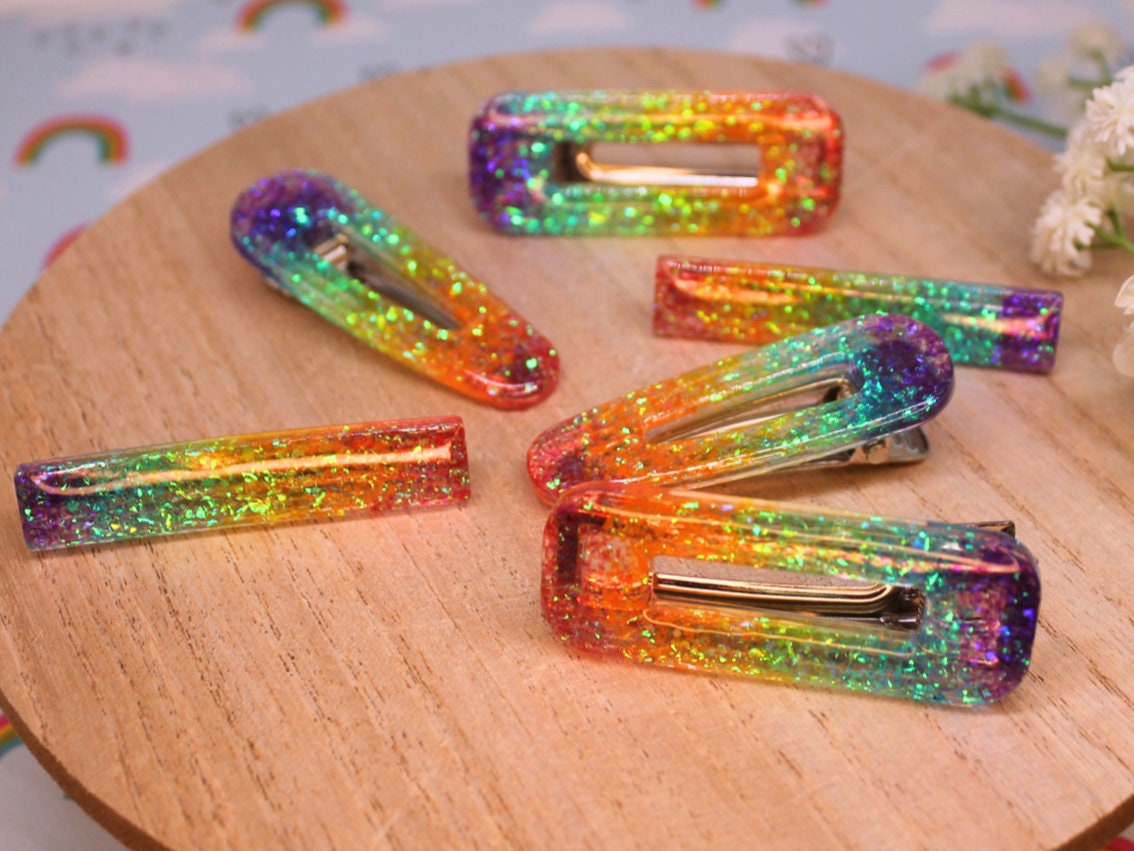 Rainbow Candy Cane Resin Wide Bar Hair Clips