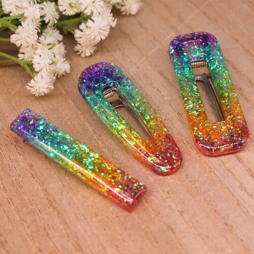 Rainbow Barrette, Glitter Rainbow Hair Clips, Resin 