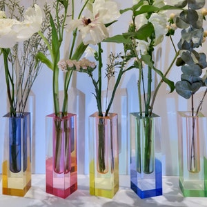 May include: Five colourful glass vases with a gradient of colour, each holding a different type of white flower. The vases are arranged in a row on a white surface. The text "BY CARAFREEDAY" is written in white on a light grey background.