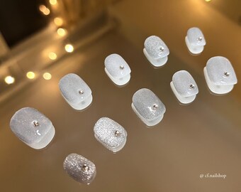 Shimmer Grey Press On Nails - Elegant False Nails, 10pc