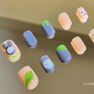 Totoro Nails, Press On Nails, Japanese Nail Art , Hand Painted Nails , Cute Nails , 3d Kawaii Nails , Cozy Nails, totoro inspired stick on