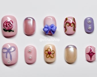 Pink Carousel 3d Press on Nails, Extra short Press on nails, bow nails, Princess Aesthetic