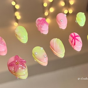 Short 3d Spring flower Press on Nails, Fairy core Press on nails, Short nails, hand painted custom nails, 10 Pc Fake nails, glue on nail