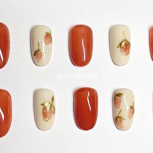 Strawberry nails - 10 Pc Press on nails - Clean girl Press on Nails, False nails, Cute Press on Nails, Retro Nail trend, stick on nails