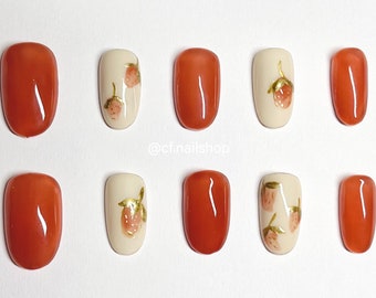 Strawberry nails - 10 Pc Press on nails - Clean girl Press on Nails, False nails, Cute Press on Nails, Retro Nail trend, stick on nails