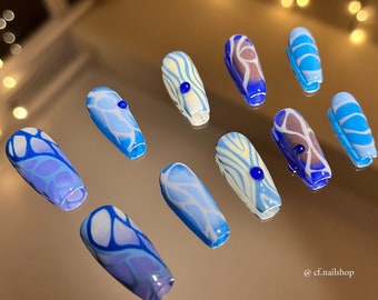 Ongles Ocean Waves -10 pièces presse sur les ongles - bleu presse sur les ongles, faux ongles, année 2000 presse sur les ongles, long cercueil clou, coller sur les ongles