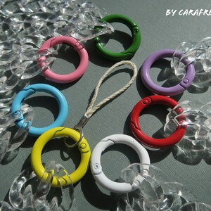 Op de afbeelding: Een transparante plastic ketting met zeven gekleurde metalen sluitingen. De sluitingen zijn in de kleuren roze, groen, paars, blauw, geel, rood en wit.