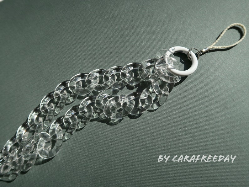 Op de afbeelding: Een transparante plastic ketting telefoonbedel met een witte ring en een witte lus. De bedel is op een groene achtergrond.