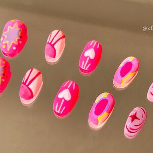 Pink Retro - 10 Pc Short and Medium Oval Press on nails - Press on Nails, False nails, Cute Press on Nails, Retro Nail trend, Pink nails
