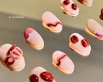 Koffieboonpers op de nagels, handgeschilderde 3D kawaii Japanse nailart