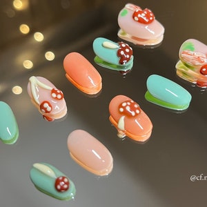 Forest Mushroom Press on Nails, Short and Medium Oval Press on nails, Mushroom nails, Autumn Aesthetic, Woodland nails, Fairy Fall nails