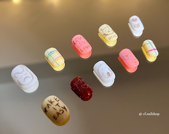 Doodle Press On Nails - 10pc Faux Acrylic Gel, Handmade