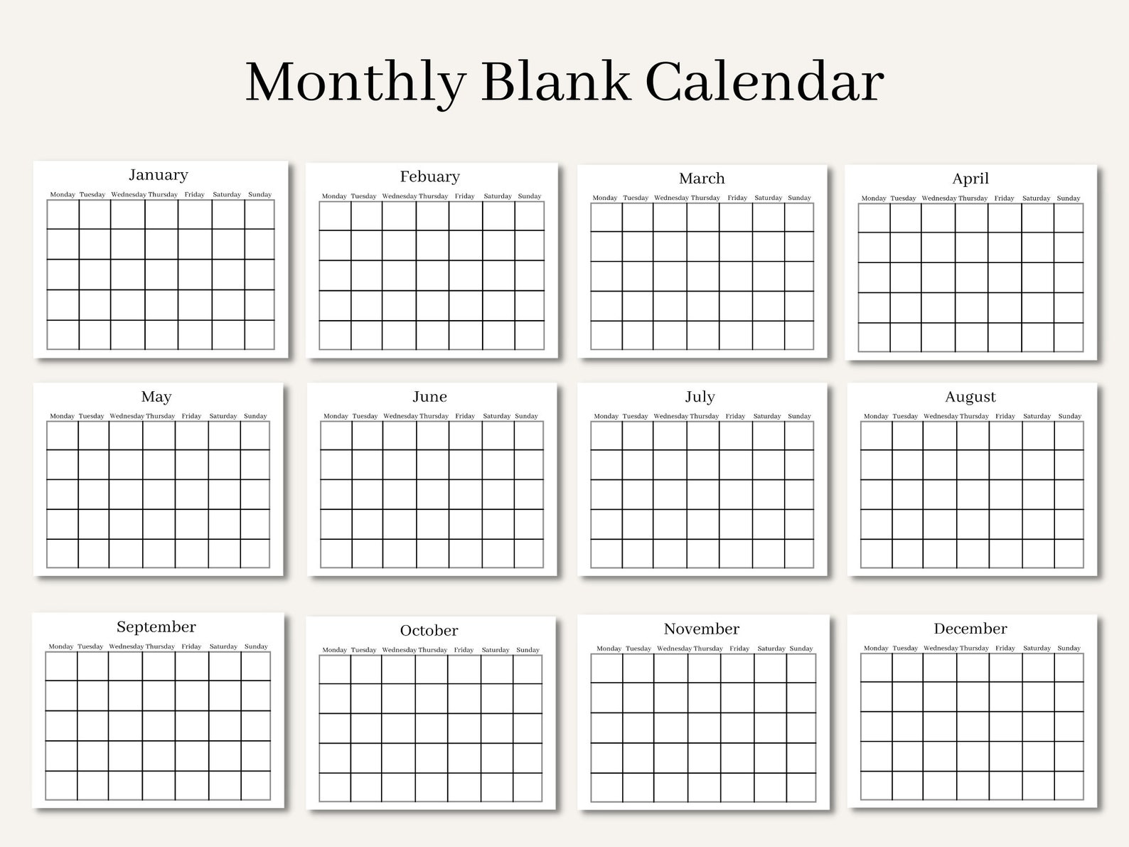 Sunday to Monday Blank Calendar - Etsy