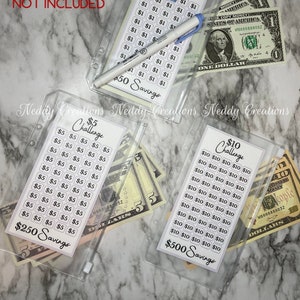May include: Three clear plastic zippered pouches with printed sheets inside. Each sheet has a savings challenge with a dollar amount and a grid of squares to track progress. The pouches contain cash bills of $1, $5, and $10. The text on the sheets reads "$1 Challenge", "$5 Challenge", and "$10 Challenge". The sheets also have the text "$50 Savings", "$250 Savings", and "$500 Savings".