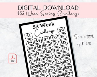 52 Week Savings Challenge, Savings Challenge Printable, Savings Tracker, Money Tracker, Digital Download,  Saving Challenge, 1K, Minimalist