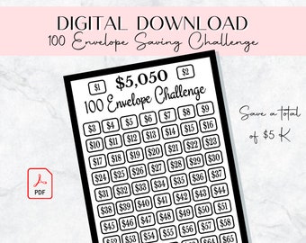 Savings Challenge Printable, 100 Envelope Challenge, Savings Tracker, Digital Download,  Saving Challenge, 5K, Minimalist