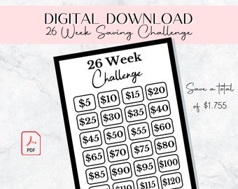 26 Week Savings Challenge, Savings Challenge Printable, Savings Tracker, Money Tracker, Digital Download,  Saving Challenge, 1K, Minimalist