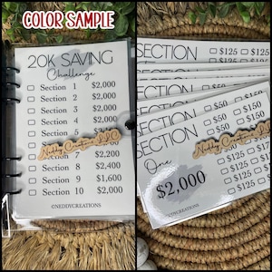 May include: A clear binder with inserts for a 20K savings challenge. The inserts have sections with amounts to save, ranging from $125 to $2,400. The text "COLOR SAMPLE" is in the top left corner.