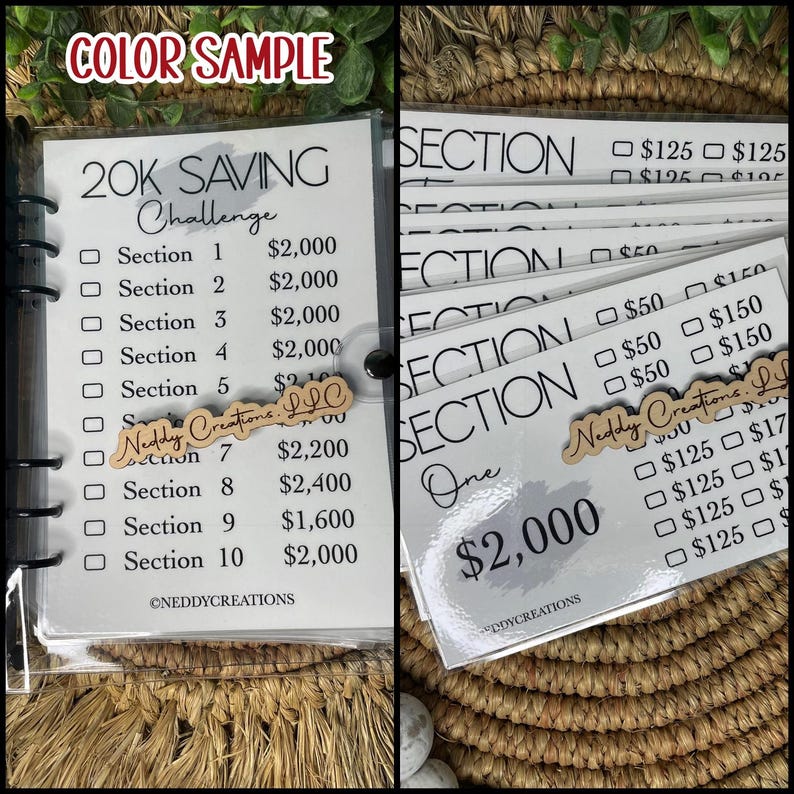 May include: A clear binder with inserts for a 20K savings challenge. The inserts have sections with amounts to save, ranging from $125 to $2,400. The text "COLOR SAMPLE" is in the top left corner.