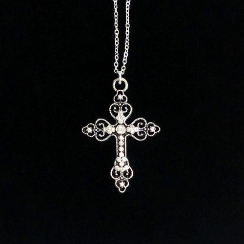 Vintage Fleur Cross Necklace Grunge Y2k Gothic Silver Cross - Etsy