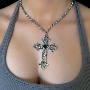 Gothic Cross Necklace Silver Big Cross Pendant Vintage Grunge Jewelry Gift for Her Statement Black Cross Pendant Religious Jewelry