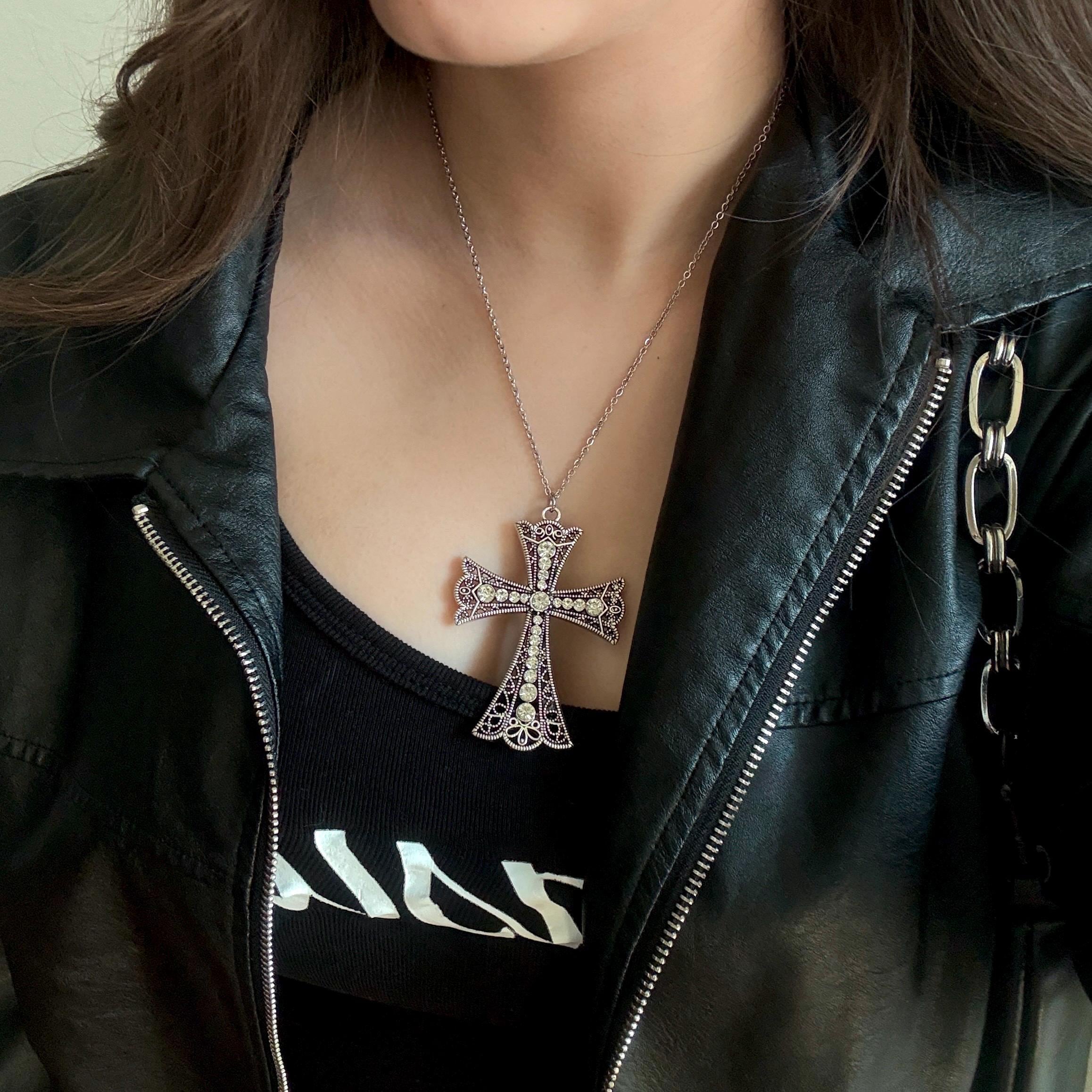 Cross Necklace Silver Large Cross Pendant Gothic Grunge Jewelry
