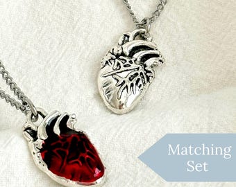 Best Friend Matching Heart Necklace Red Anatomical Heart Charm Gothic Jewelry Birthday Gift for Her Dainty Silver Jewelry for Couples