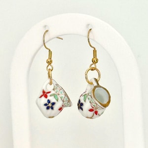 Floral Tea Cup Earrings Vintage Inspired Porcelain Dangle Earrings Gold Hooks Tea Lover Friend Gift Cottagecore Jewelry Tea Party Favor gift