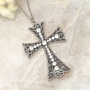 Cross Necklace Silver Large Cross Pendant Gothic Grunge Jewelry Gift for Women Vintage Accessroies for Catholic Religious Jewlery Gift