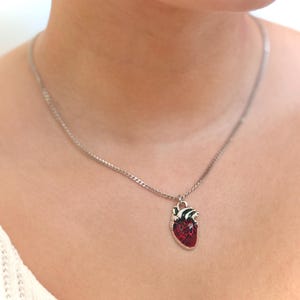 May include: A silver chain necklace with a red anatomical heart pendant.