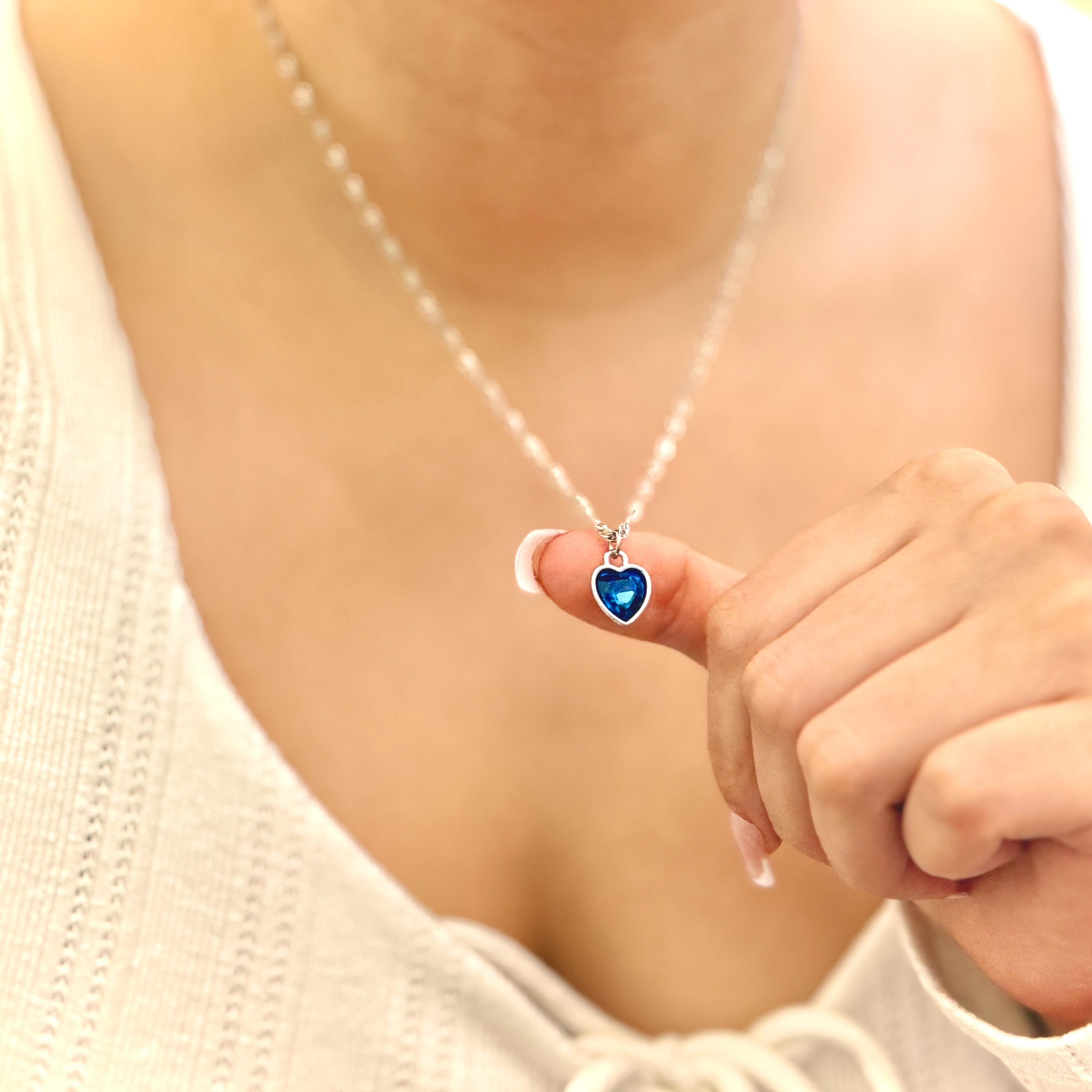 Blue Heart Pendant Necklace for Her Dainty Silver Anniversary Gift 