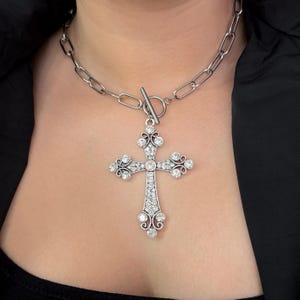 Silver Cross Necklace Big Cross Pendant Vintage Christian Friend Gift Statement Necklace Goth Jewelry Chunky Silver Cross Charm Women