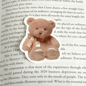 Könnte beinhalten: Ein rosa Teddybär mit einem rosa Schal ist teilweise auf einer Buchseite sichtbar. Der Text auf der Seite behandelt die Natur von Illusionen und wie sie als real wahrgenommen werden können.