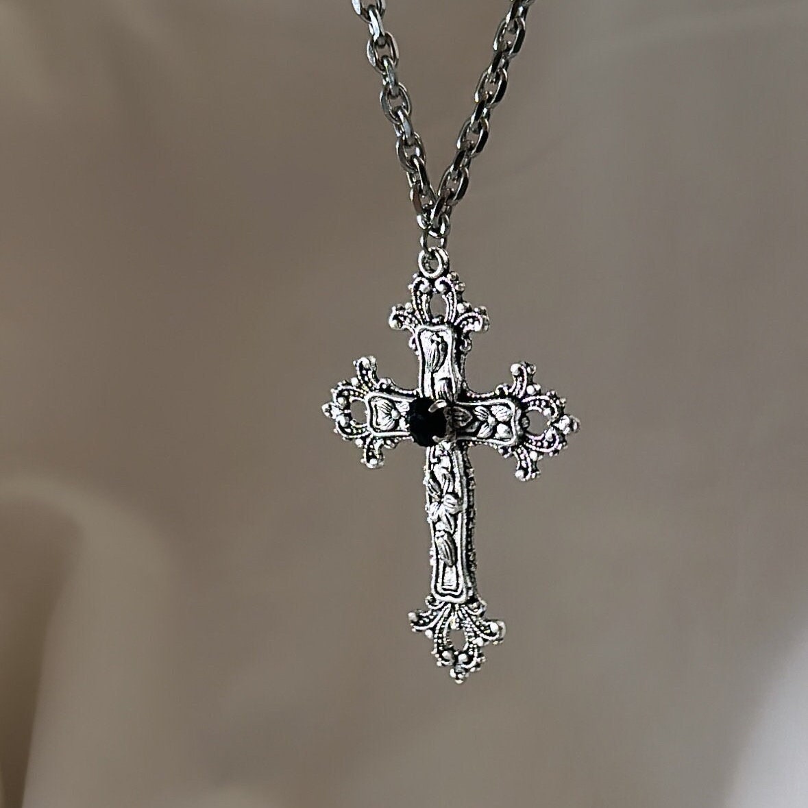 Gothic Cross Necklace Silver Big Cross Pendant Vintage