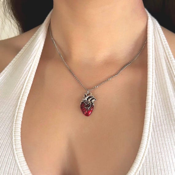 Anatomical Necklace Red Heart Charm Anatomy Jewelry Nurse Cardiologist Dainty Silver Jewelry Gift for Biology Teacher Heart Necklace Nursing