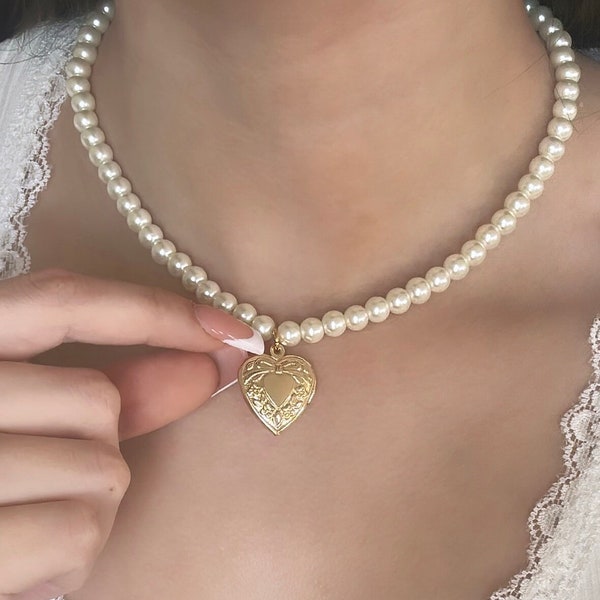 Heart Locket Pearl Necklace 18k Gold Heart Locket Charm Dainty Coquette Jewelry Gift For Her Women Minimalist Gold Jewelry