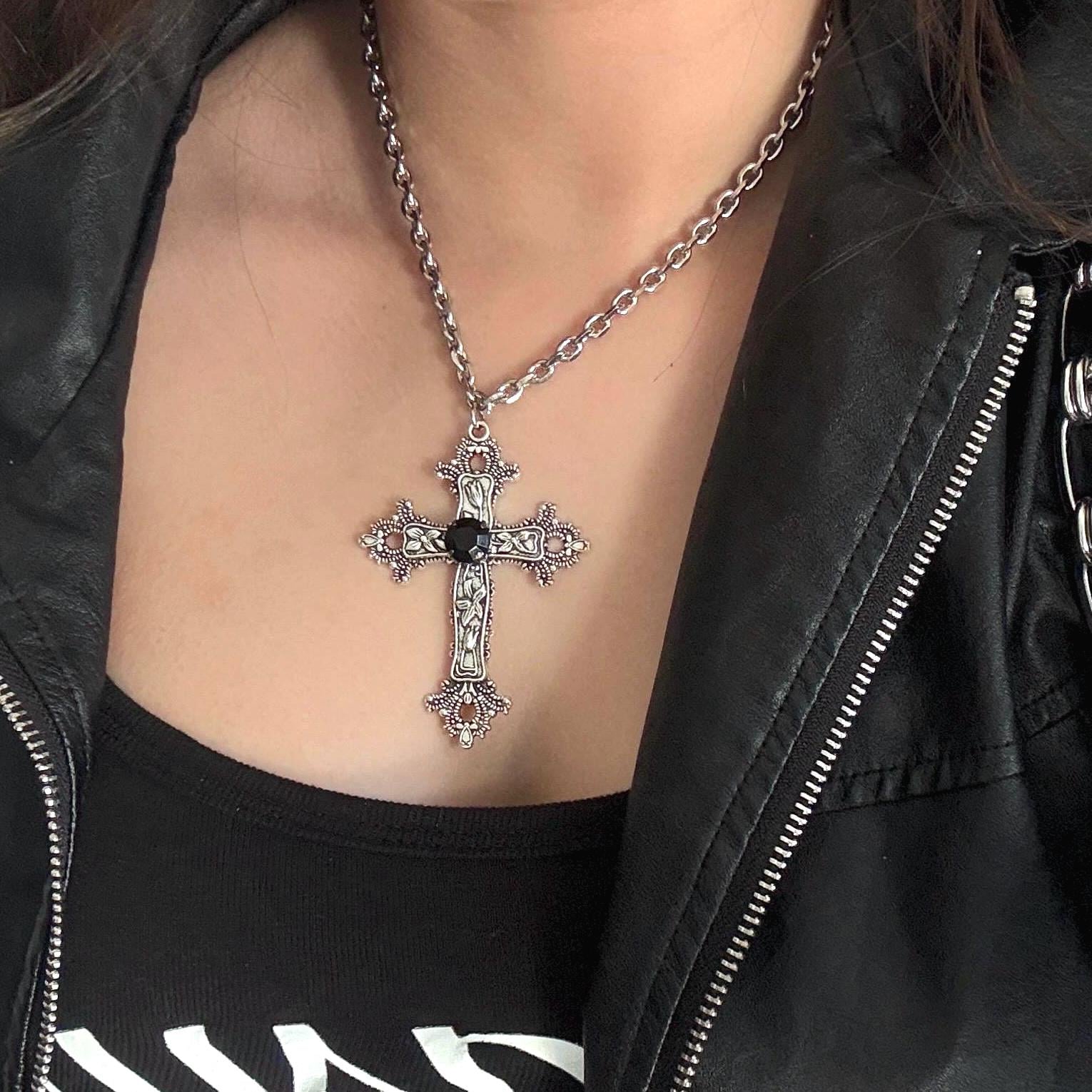 Gothic Cross Pendant Necklace Silver Goth Jewelry Gift Christian