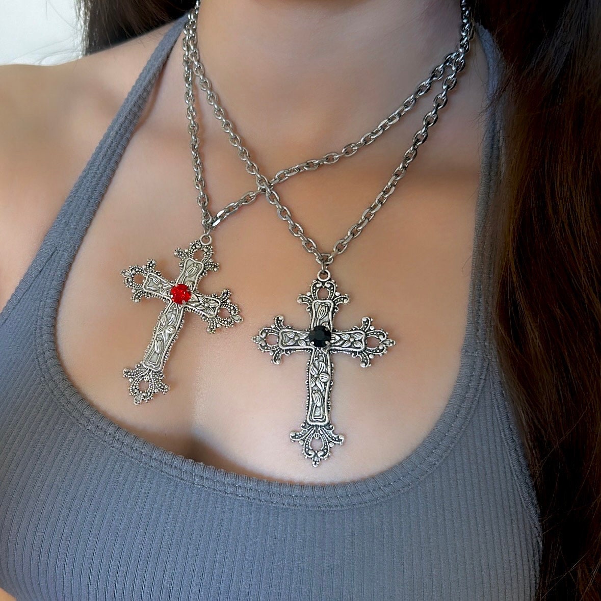 Gothic Cross Necklace Silver Big Cross Pendant Grunge Gothic Cross Necklace Silver Big Cross Pendant Grunge