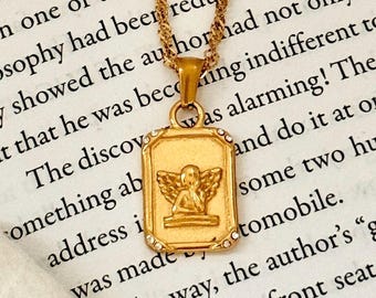 18k Gold Angel Necklace Dainty Cherub Pendant Necklace Minimalist Everyday Jewelry Gift for Her Stainless Steel Gold Jewelry Christian Gift