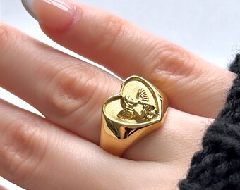 Angel Ring 18k Gold Heart Coquette Jewelry Statement Ring Dainty Stainless  Steel Stackable Ring Gift for Her Cherub Religious Everyday Ring