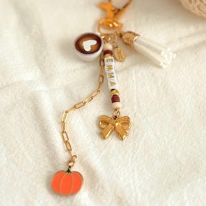 Personalized Coffee Charm Keychain Gold Fall Bag Charm Accessory Pumpkin Charm Custom Name Purse Charm Gift for Coffee Lover Teen Girl Gift
