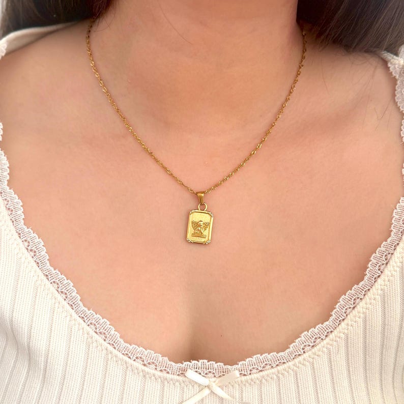 18k Gold Angel Necklace Dainty Cherub Pendant Necklace Minimalist Everyday Jewelry Gift for Her Stainless Steel Gold Jewelry Christian Gift image 2