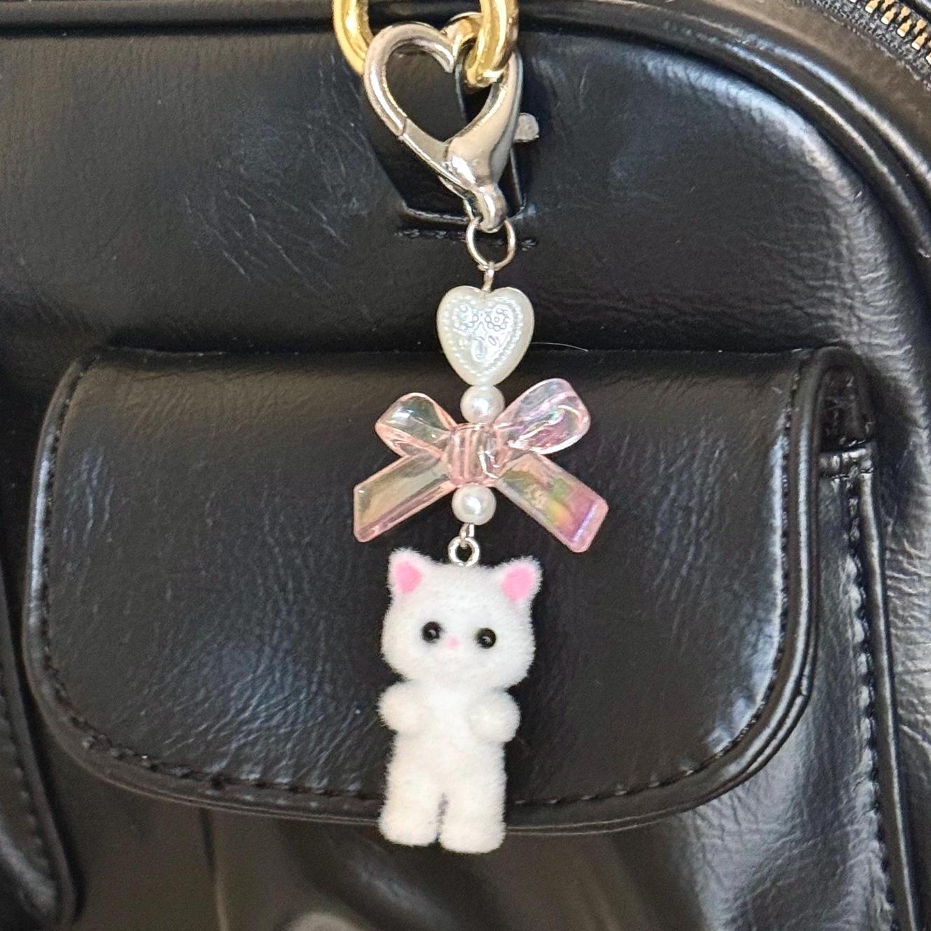 Cat Bag Charm Critter Animal Flocked Cat Purse Charm White