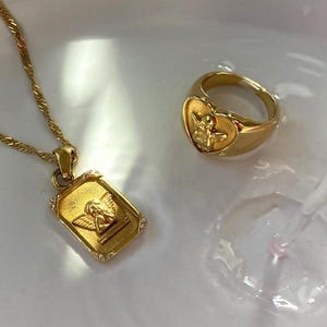 Jewelry Gift Set Angel Necklace 18k Gold Ring Jewelry Set Dainty Angel Necklace Coquette Jewelry Gift Set for Girlfriend Minimalist Jewelry