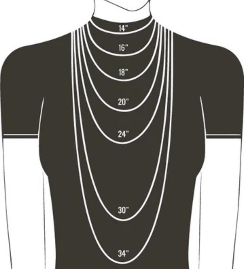 Necklace length guide showing 14, 16, 18, 20 and 24 inch chain options on model silhouette
